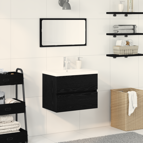 Gabinete de Lavabo  con Jofaina Integrada Roble Negro Madera Engineered D