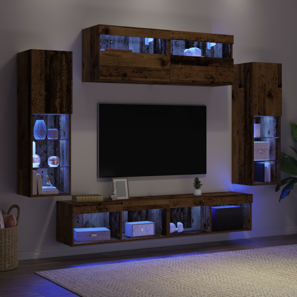Unidad de Pared para TV 8 Piezas con LED Madera Vieja Madera Elaborada M 5