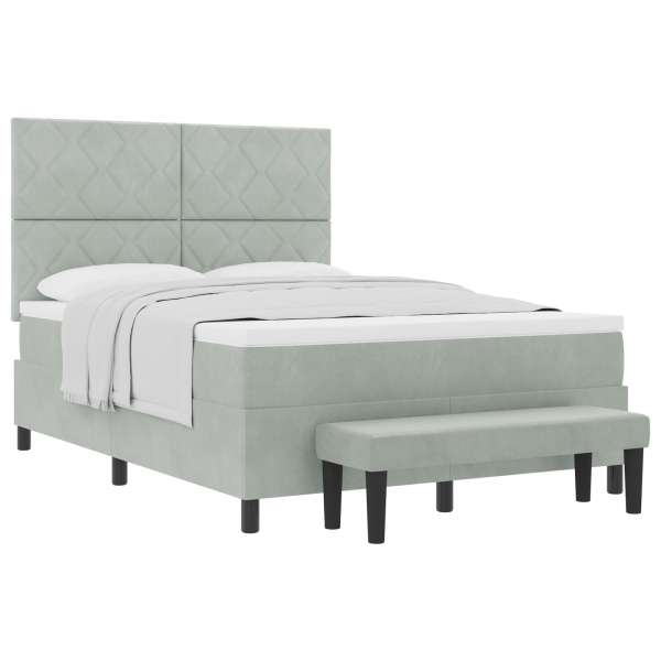 Cama Box Spring com Colchão & Banco Cinza Claro 140x200 cm Veludo M 3