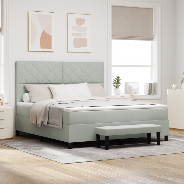 Cama Box Spring con colchón y banco Gris Claro 180x200 cm Velours D