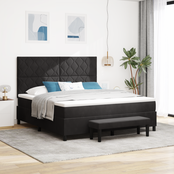 Cama con Base Spring con Colchón y Banco Negro 180x200 cm Terciopelo D