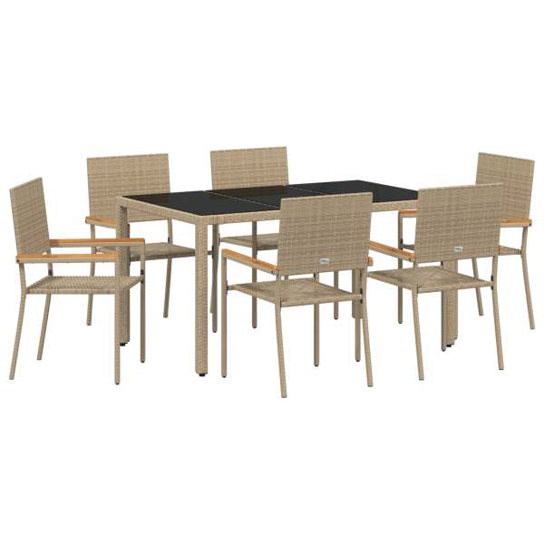 Conjunto de Comedor de Jardín Beige Ratán Poliéster de 7 Piezas M 2