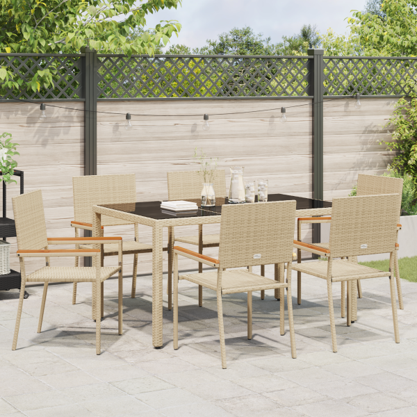 Conjunto de Comedor de Jardín Beige Ratán Poliéster de 7 Piezas M 4