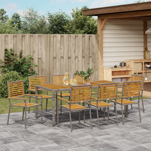 Conjunto de Jantar de Jardim com 9 Peças Cinza de Ratan Poliéster e Acácia M 4