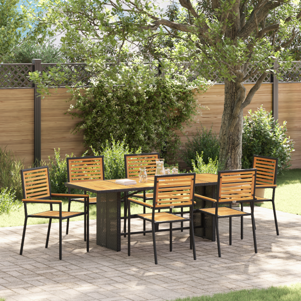 Conjunto de Comedor de Jardín  de 7 Piezas Negro Poliratán Acacia D