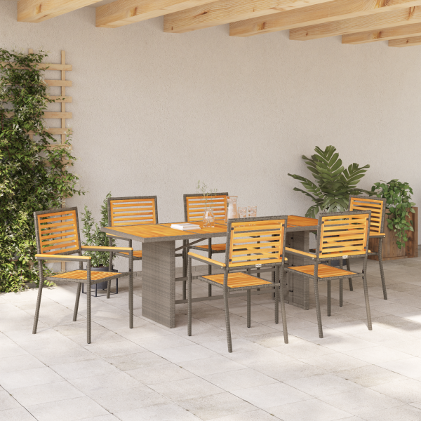 Juego de Comedor de Jardín  de 7 Piezas Gris de Poliratán y Acacia M 4