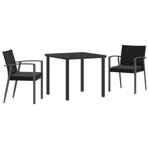 Conjunto de jantar de jardim de 3 peças com almofadas. preto. em rattan poli. H