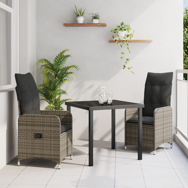 Set de comedor de jardín de 3 piezas con cojines poliratán gris D