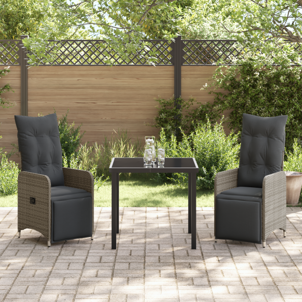 Conjunto de Mesa e Cadeiras de Jardim 3 Peças com Almofadas de Rattan Cinza M 4