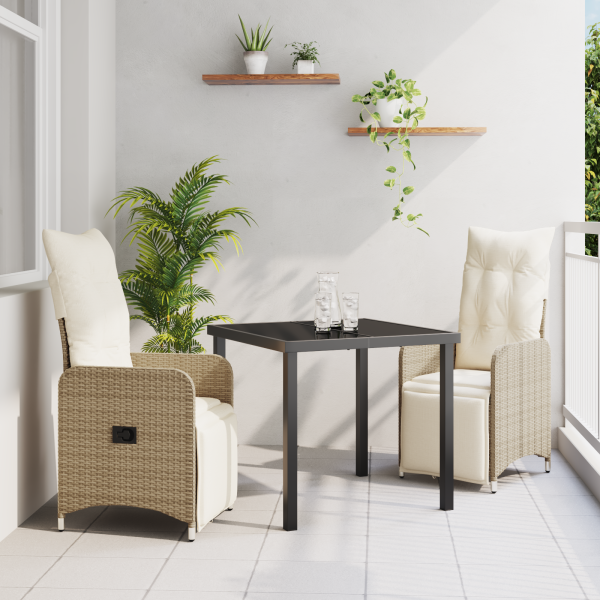 Set de Comedor de Jardín de 3 Piezas con Cojines Beige Poliratán D