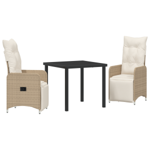 Set de Comedor de Jardín de 3 Piezas con Cojines Beige Poliratán H