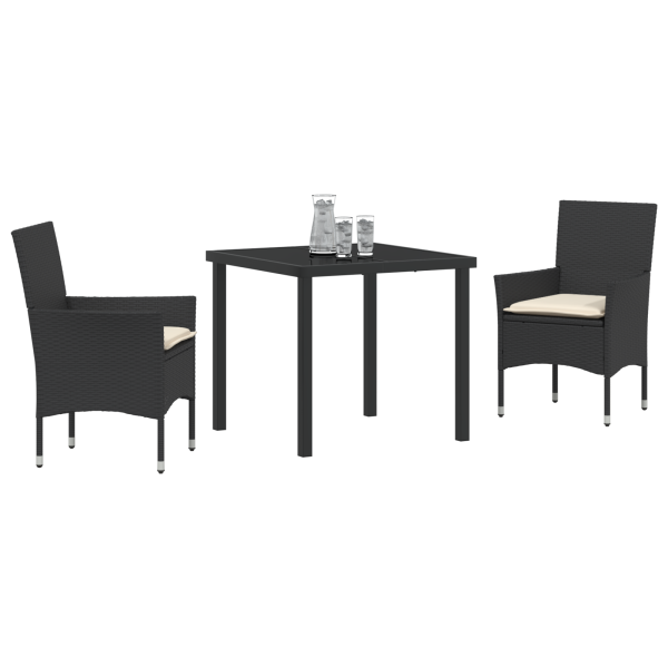 Conjunto de Comedor de Jardín de 3 Piezas con Cojines Ratán Poli Negro M 3