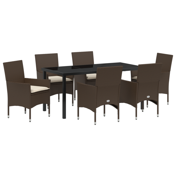 Conjunto de Comedor de Jardín de 7 Piezas con Cojines Poliratán Marrón M 2