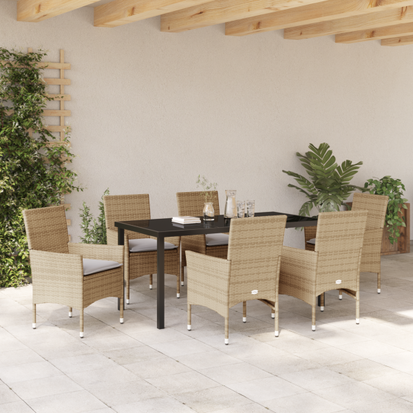 Conjunto de Jantar Jardim 7 Peças com Almofadas Bege de Rattan Sintético M 4