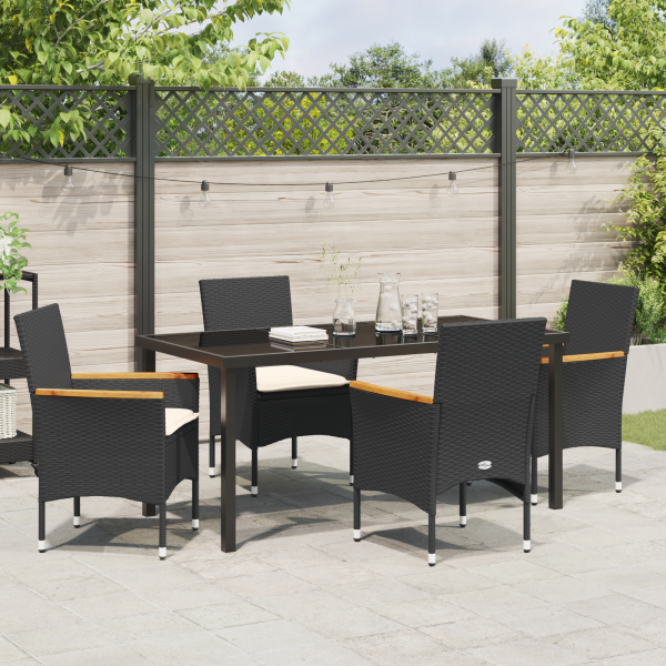 Set de Comedor de Jardín de 5 Piezas con Cojines de Rattan Negro M 4