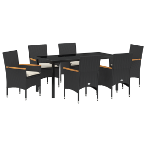 Conjunto de Comedor de Jardín de 7 Piezas con Cojines Poliratán Negro H