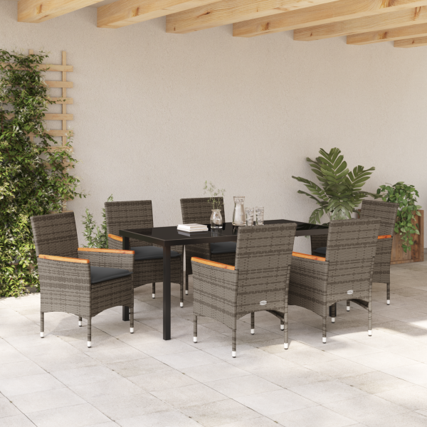 Conjunto de Comedor de Jardín de 7 Piezas con Cojines Rattan Poliéster Gris M 4