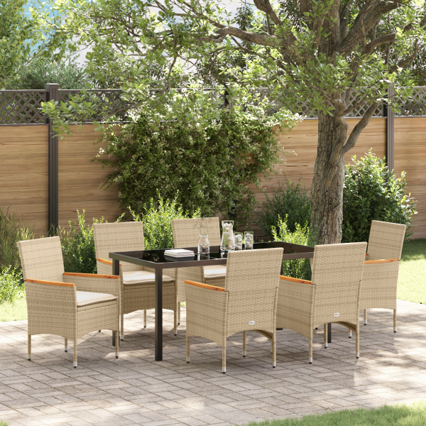 Conjunto de Comedor de Jardín  de 7 Piezas con Cojines de Poliratán Beige D