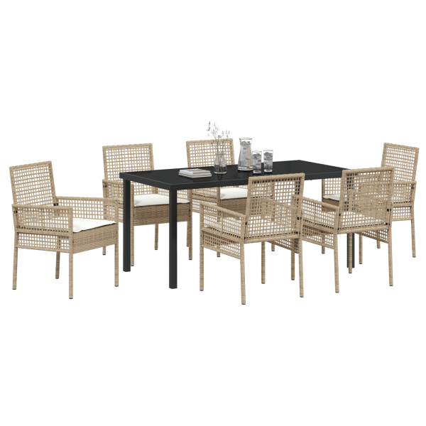 Conjunto de Comedor de Jardín de 7 Piezas con Cojines Beige Poliratán M 3