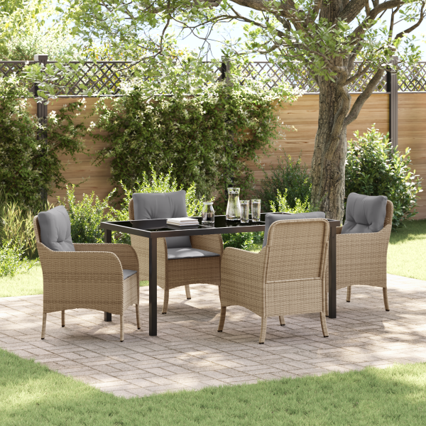 Set de Comedor Jardín de 5 Piezas con Cojines Color Beige de Rattan Polímero D
