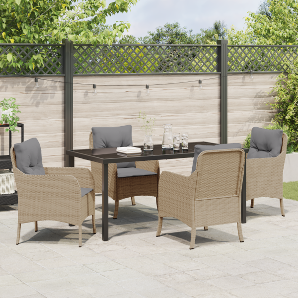 Set de Comedor Jardín de 5 Piezas con Cojines Color Beige de Rattan Polímero M 4