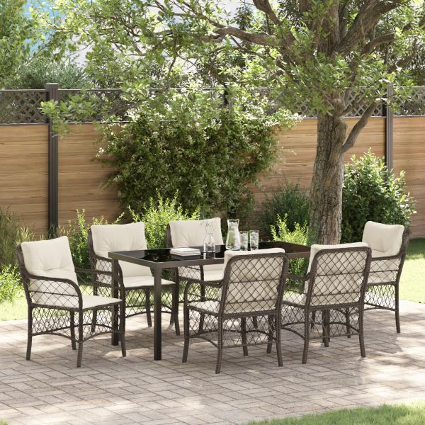 Set de comedor de jardín de 7 piezas con cojines Marrón polirratán D