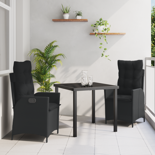 Set de Comedor de Jardín de 3 Piezas con Cojines Ratán Poliéster Negro D