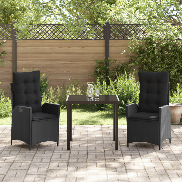 Set de Comedor de Jardín de 3 Piezas con Cojines Ratán Poliéster Negro M 4
