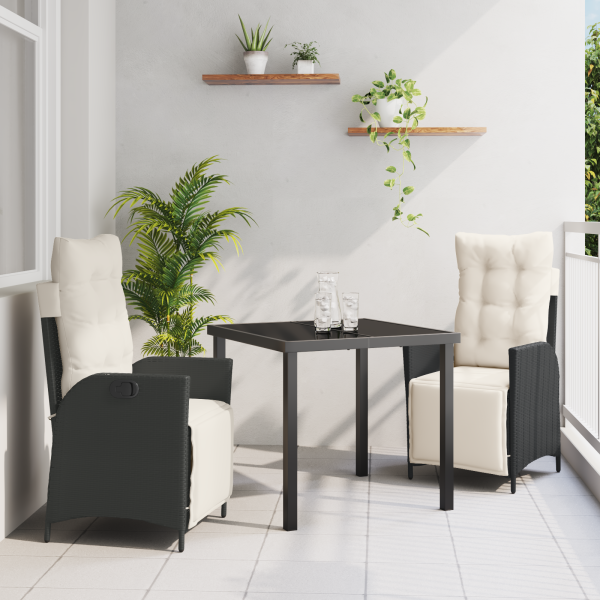 Set de Comedor de Jardín de 3 Piezas Negro Ratán Poliéster D