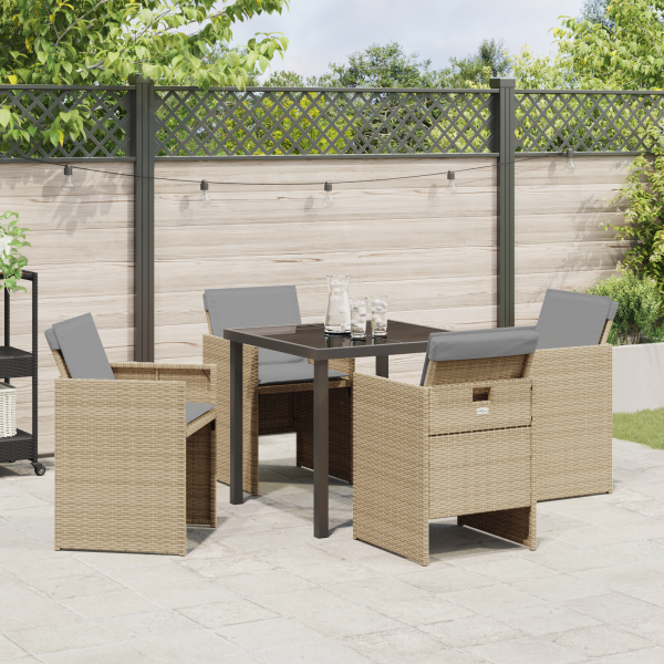 Conjunto de Comedor de Jardín de 5 Piezas con Cojines en Poliratán Beige M 4