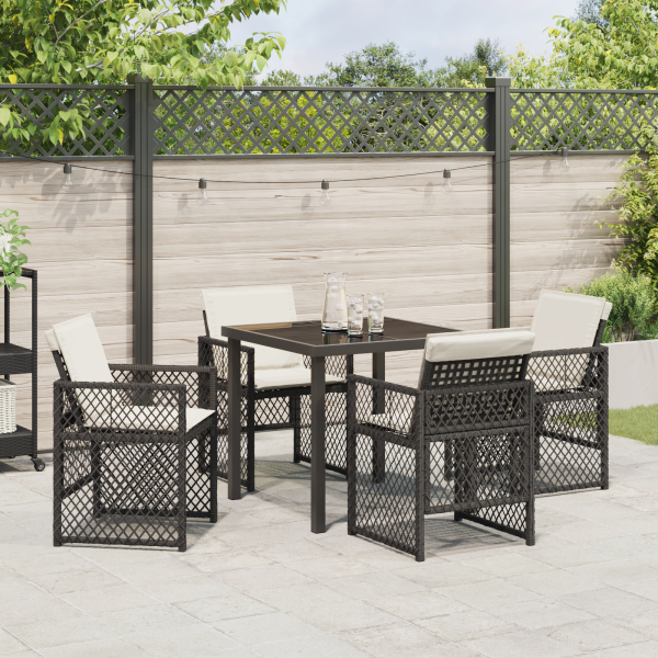 Conjunto de Comedor de Jardín de 5 Piezas con Cojines Rattan Poli Negro M 4