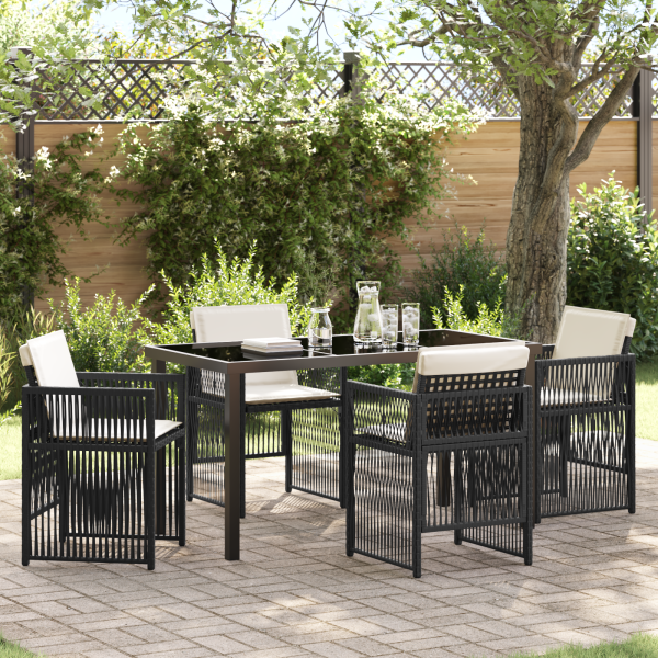 Juego de Comedor de Jardín de 5 Piezas con Cojines Ratan Poliéster Negro D