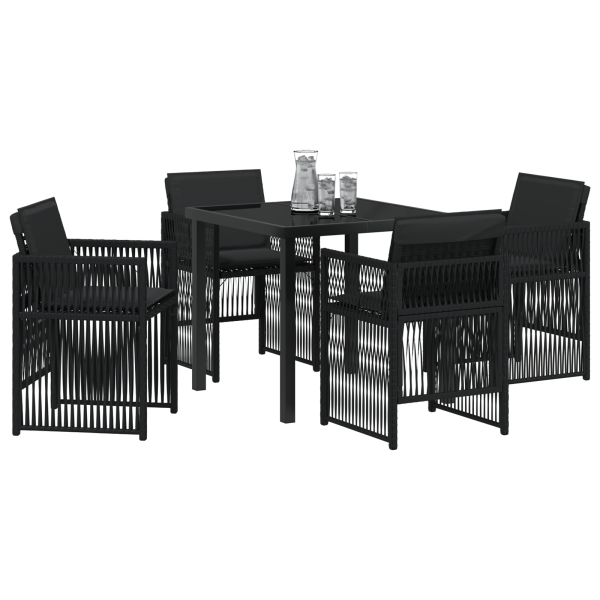 Conjunto de Comedor de Jardín de 5 Piezas con Cojines de Ratan Poliéster Negro M 3