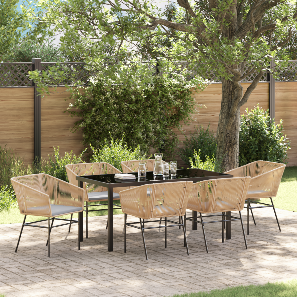 Set de Comedor de Jardín de 7 Piezas con Cojines Marrón Ratán Poliéster D