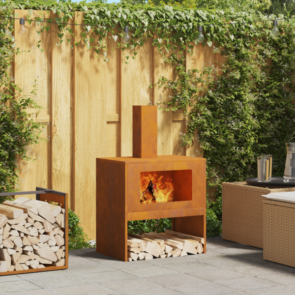 Brasero con chimenea acero patinable 60x40x96 cm D