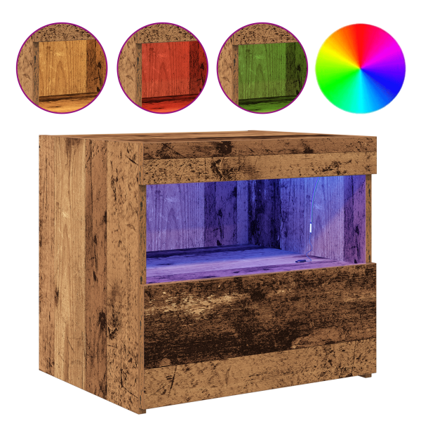Mesita de noche con luces LED madera envejecida 50x40x45 cm M 3