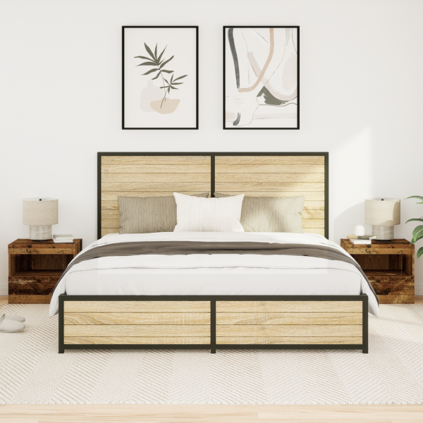 Mesitas de noche con luz LED 2 uds madera envejecida 50x40x45cm D