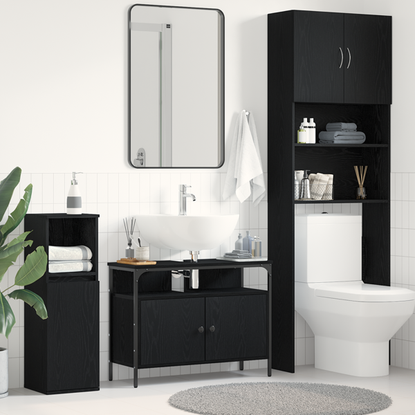 Mueble de lavabo baño madera ingeniería roble negro 80x30x60 cm D