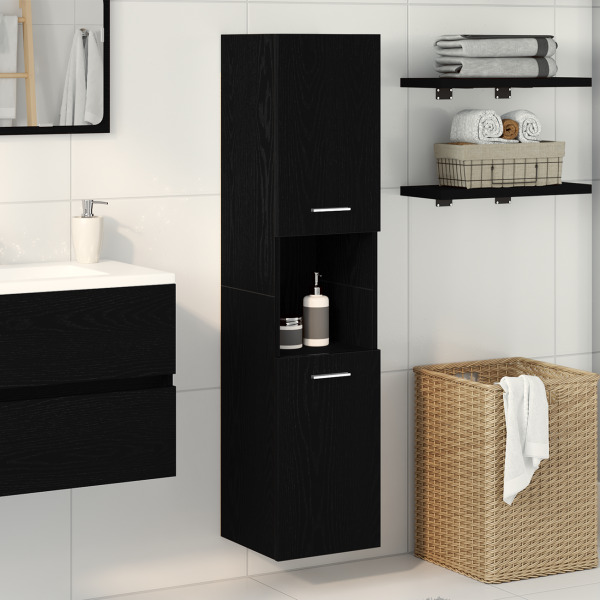 Gabinete de baño de pared  negro y roble de 30x30x130 cm. de madera compuesta D