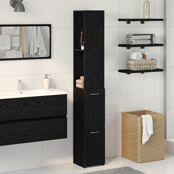 Armario de baño  Negro Roble 25x25x170 cm Madera de Ingeniera D