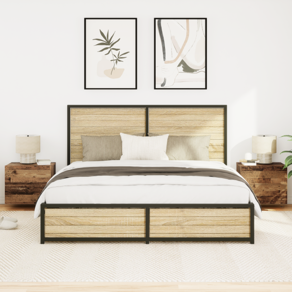 Mesitas de noche de pared 2 uds con luz LED madera envejecida M 5