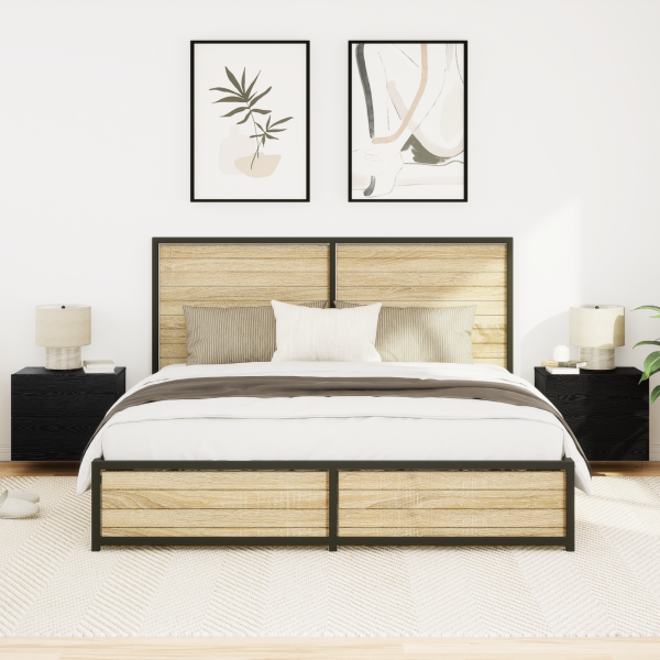 Mesitas de noche de pared 2 uds con luz LED roble negro M 5