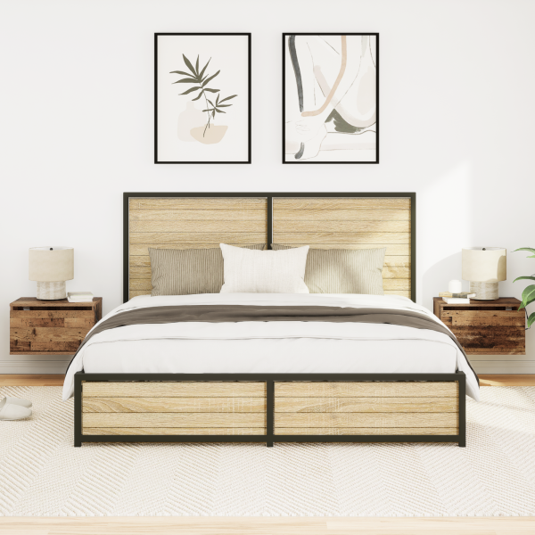 Mesitas de noche de pared con luces LED madera envejecida M 5