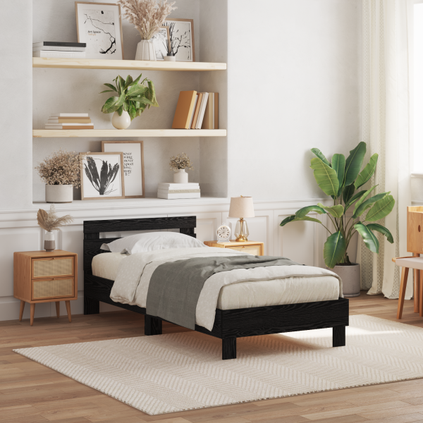 Estructura de cama con luces LED madera roble negro 90x190 cm D