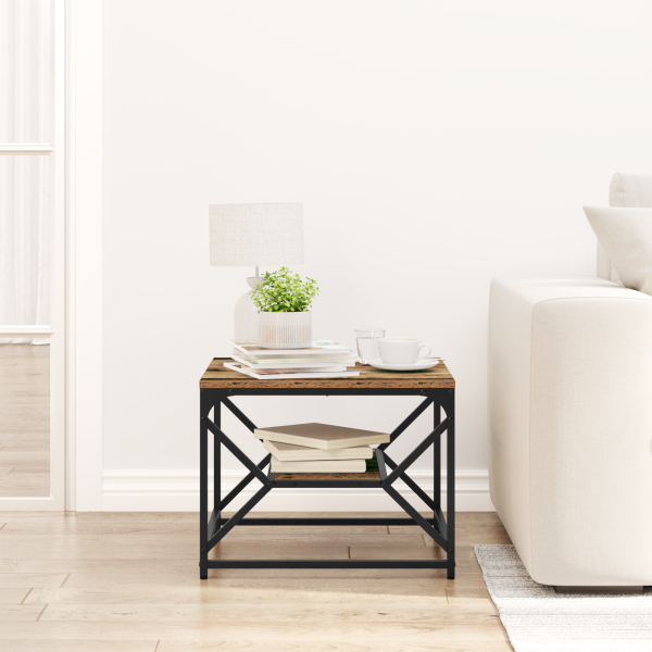 Mesa de centro  com prateleira em madeira envelhecida 51x50x40 cm em madeira de engenharia M 4