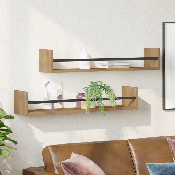 Estantes de Pared 2 pcs Roble Artesanal 80x16x14 cm Madera Contrachapada M 4