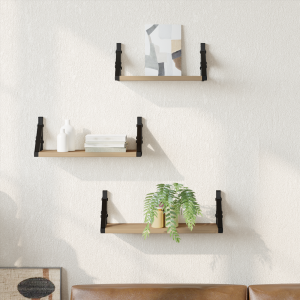 Conjunto de 3 Estantes de Pared de Madera de Roble Ahumado D