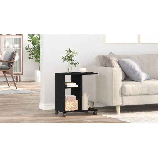 Mesa Auxiliar con Ruedas de Madera Negra 50x30x55 cm D