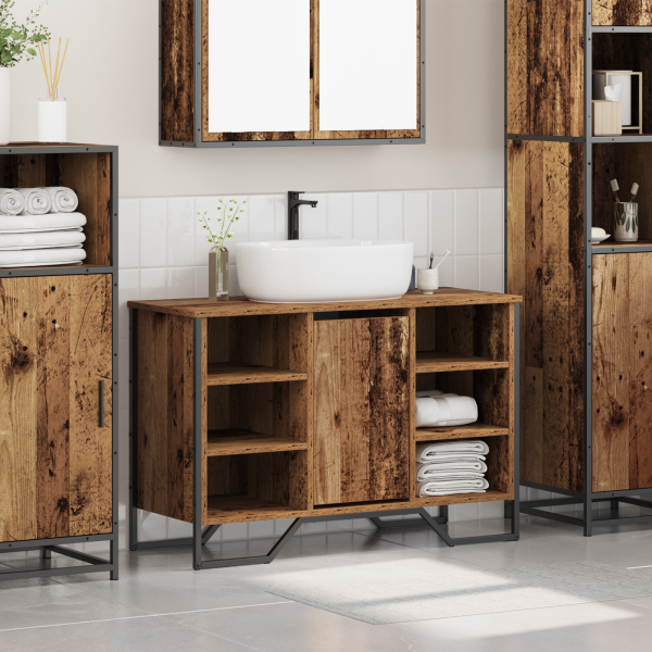 Gabinete de lavabo de baño Madera antigua 91x35x60 cm Madera de ingeniería M 4