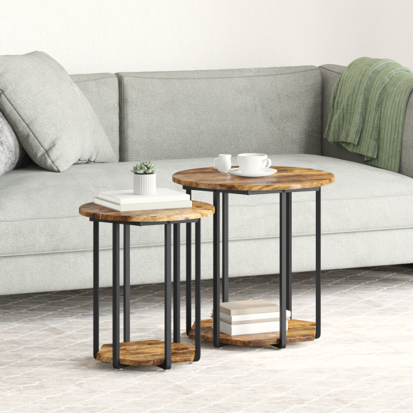 Set 2 mesas auxiliares madera ingeniería roble ahumado y metal D